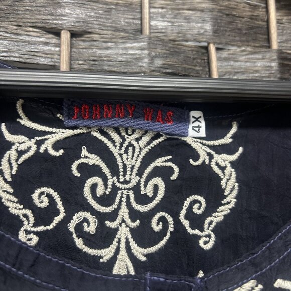 Johnny Was Navy Blue Embroidered Long Sleeve Tunic Henley Top Size 4X - Picture 3 of 8
